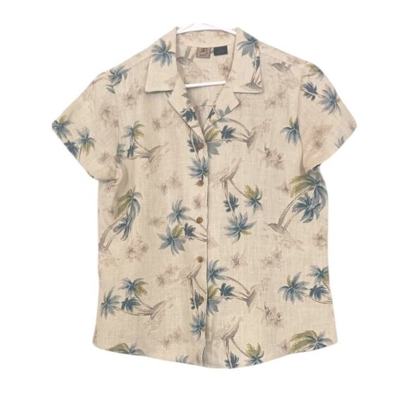 Y2K Hawaiian Linen Short Sleeve Shirt 10 Palm Button Down Resort Cruise Beach - Picture 2 of 8